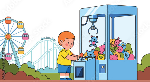 Adobe illustrator artwork vector illustration of a happy boy playing a claw machine at an amusement park. The background features a Ferris wheel and a roller coaster. Fun arcade game
