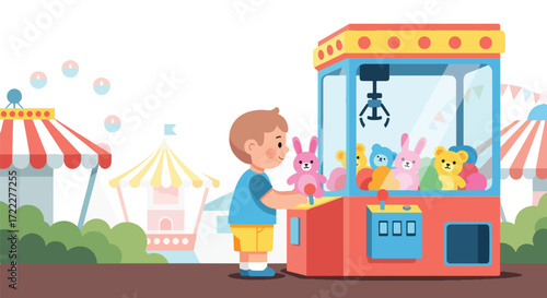 Adobe illustrator artwork vector illustration of a happy boy playing a claw machine at an amusement park. The background features a Ferris wheel and a roller coaster. Fun arcade game