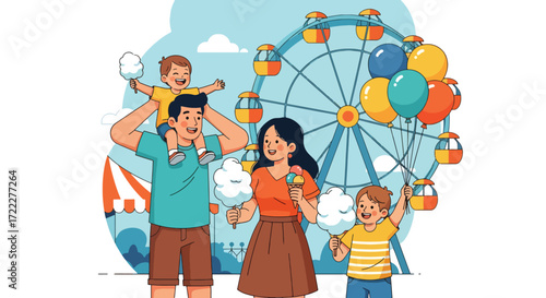 Adobe illustrator artwork vector illustration of a happy family enjoying a day at an amusement park. Dad carries a child, mom eats ice cream, and a girl holds balloons and cotton candy