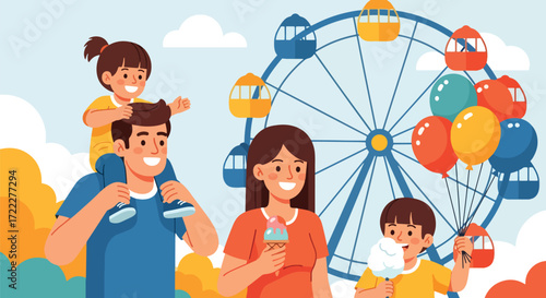 Adobe illustrator artwork vector illustration of a happy family enjoying a day at an amusement park. Dad carries a child, mom eats ice cream, and a girl holds balloons and cotton candy