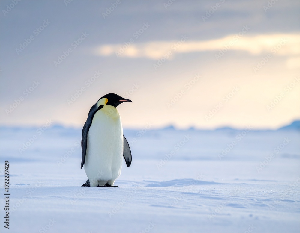 Naklejka premium Single penguin standing alone on vast icy surface, horizon blurred in distance.