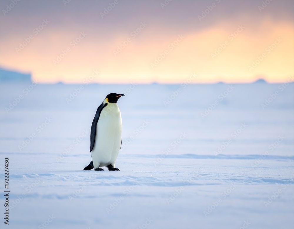 Fototapeta premium Single penguin standing alone on vast icy surface, horizon blurred in distance.