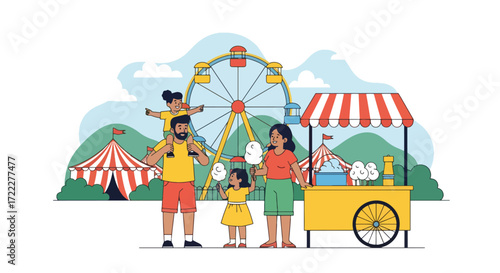 Adobe illustrator artwork vector illustration of a happy family enjoying a day at an amusement park. Dad carries a child, mom eats ice cream, and a girl holds balloons and cotton candy