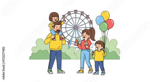 Adobe illustrator artwork vector illustration of a happy family enjoying a day at an amusement park. Dad carries a child, mom eats ice cream, and a girl holds balloons and cotton candy