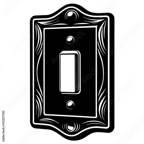 Vintage ornate black and white illustration of a single light switch with decorative border