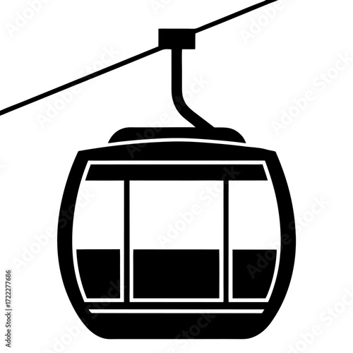 Black and white icon of a modern cable car cabin suspended from a wire
