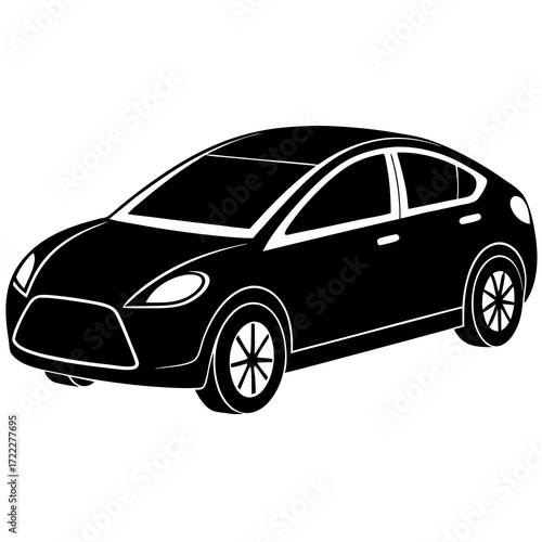Sleek black sedan car silhouette with white outline on a white background