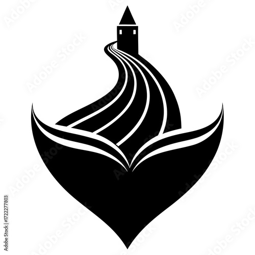 Abstract black silhouette of a tower on a winding path leading to a stylized heart shape