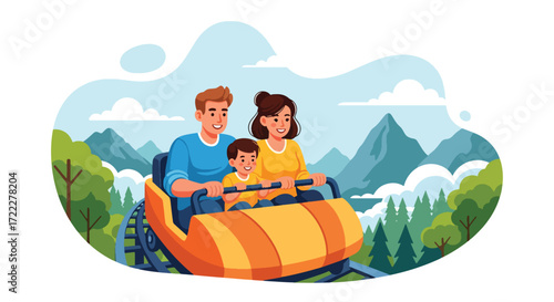 Adobe illustrator artwork vector illustration of a happy family riding a roller coaster at an amusement park. Parents and child enjoy the thrilling ride with mountains and trees in the background