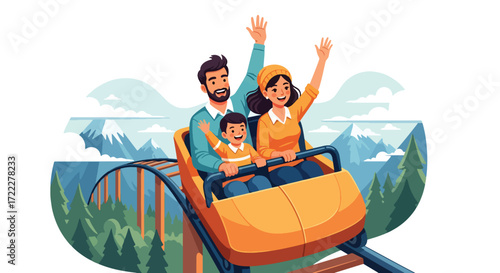 Adobe illustrator artwork vector illustration of a happy family riding a roller coaster at an amusement park. Parents and child enjoy the thrilling ride with mountains and trees in the background