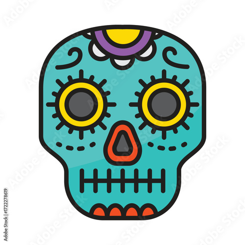 A turquoise sugar skull with decorative elements