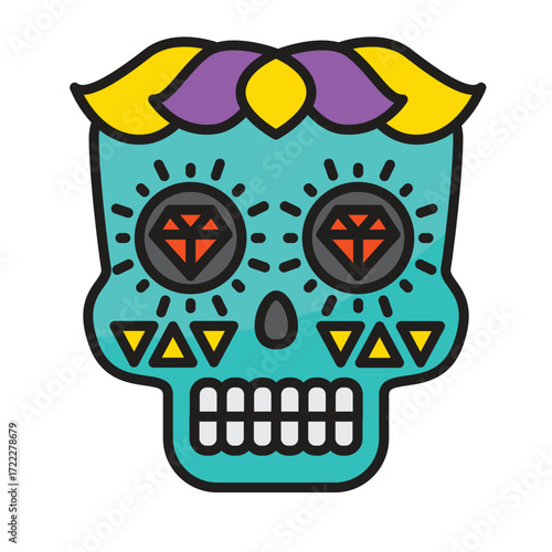 A turquoise sugar skull with diamond eyes and a floral headdress