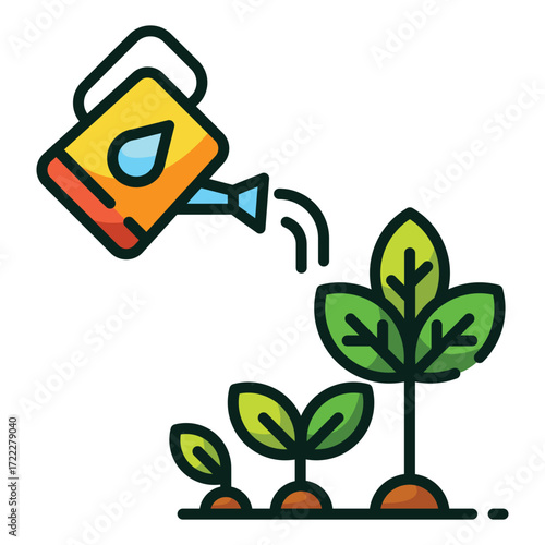 A watering can pours water on three plants growing from the ground