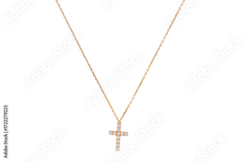 Elegant Gold Cross Necklace with Diamond Detailing – A Religious Symbol and Fashion Accessory Isolated on Transparent Background