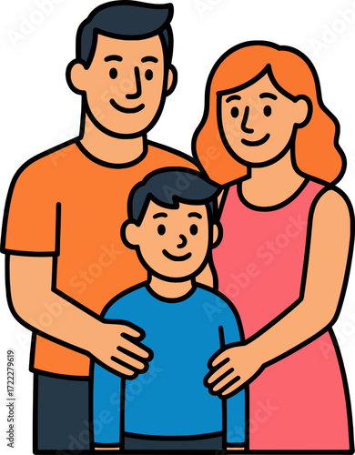 Flat colorful vector of a smiling family group with father, mother, and son, bold outlines
