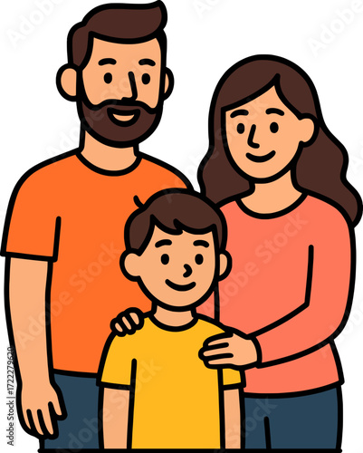 Flat colorful vector of a smiling family group with father, mother, and son, bold outlines