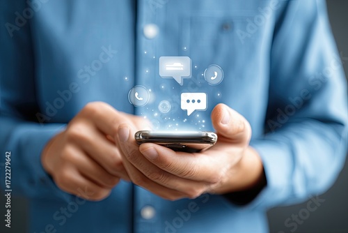 Wallpaper Mural Close-up of hands holding a smartphone with communication icons overlayed Torontodigital.ca