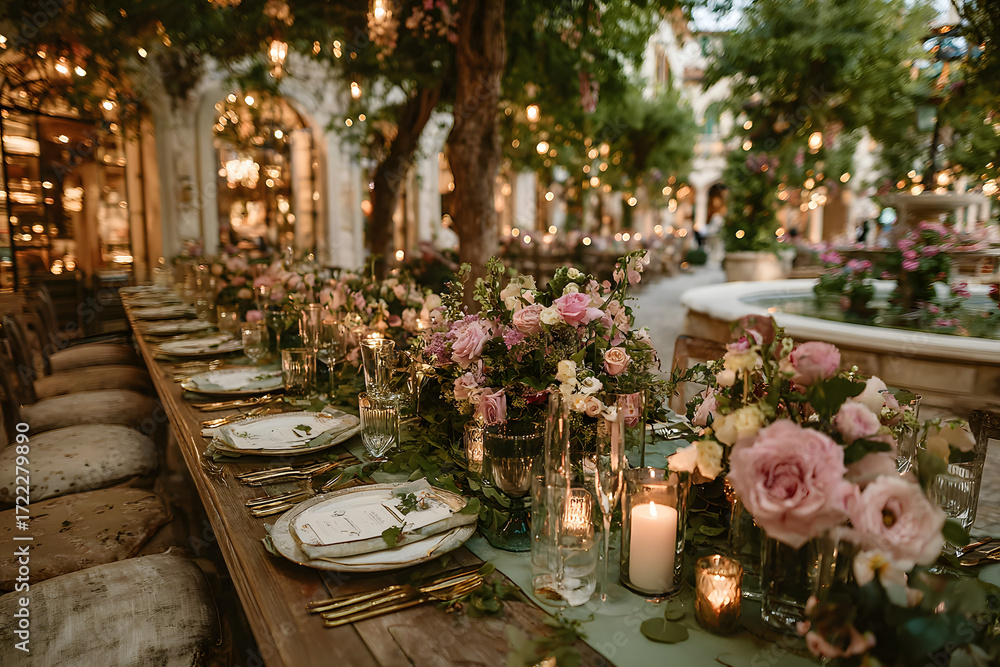 Fototapeta premium table decor for wedding ceremony, table setting, flowers, green and pink decor, candles