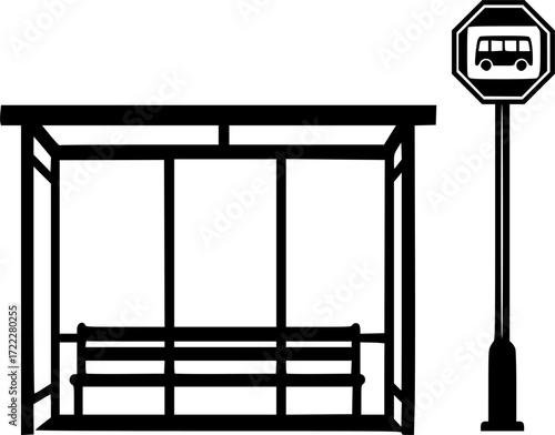 black and white silhouette of a bus stop vector on a white background
