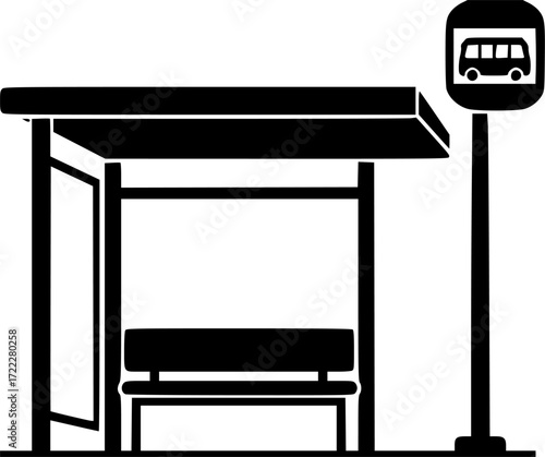 black and white silhouette of a bus stop vector on a white background
