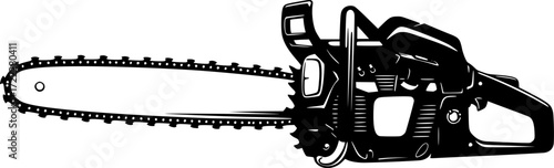 black and white silhouette of a chainsaw machine on a white background
