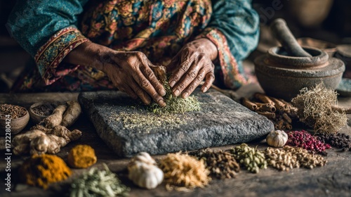 Hands grinding spices on stone mortar