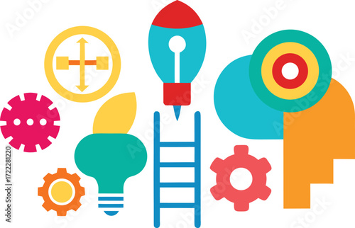Innovative startup launch concept vector illustration with icons for idea growth and success isolated on transparent background