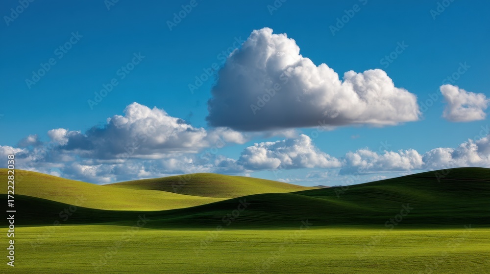 Fototapeta premium Serene Green Hills Under a Bright Blue Sky with Beautiful Fluffy White Clouds