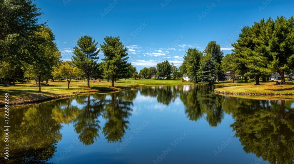 Fototapeta premium Serene Landscape Reflection of Green Trees and Blue Sky in Calm Water at a Peaceful Park Setting