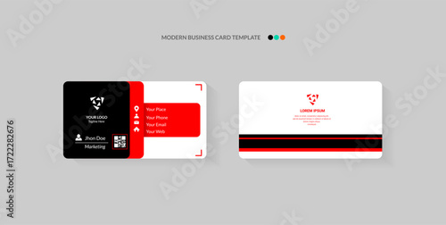 Two modern business card templates, one black and red, the other white with red accents.