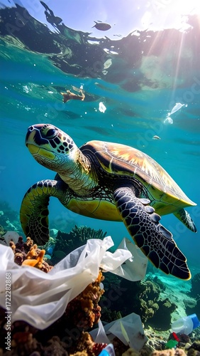 Sea turtle surrounded by plastic debris in the ocean. Underwater shot of marine pollution