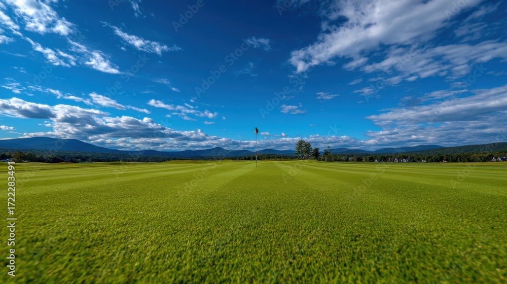 Fototapeta premium Expansive Golf Course Landscape Under Blue Sky with Puffy Clouds and Lush Green Grass in Scenic Mountain Region