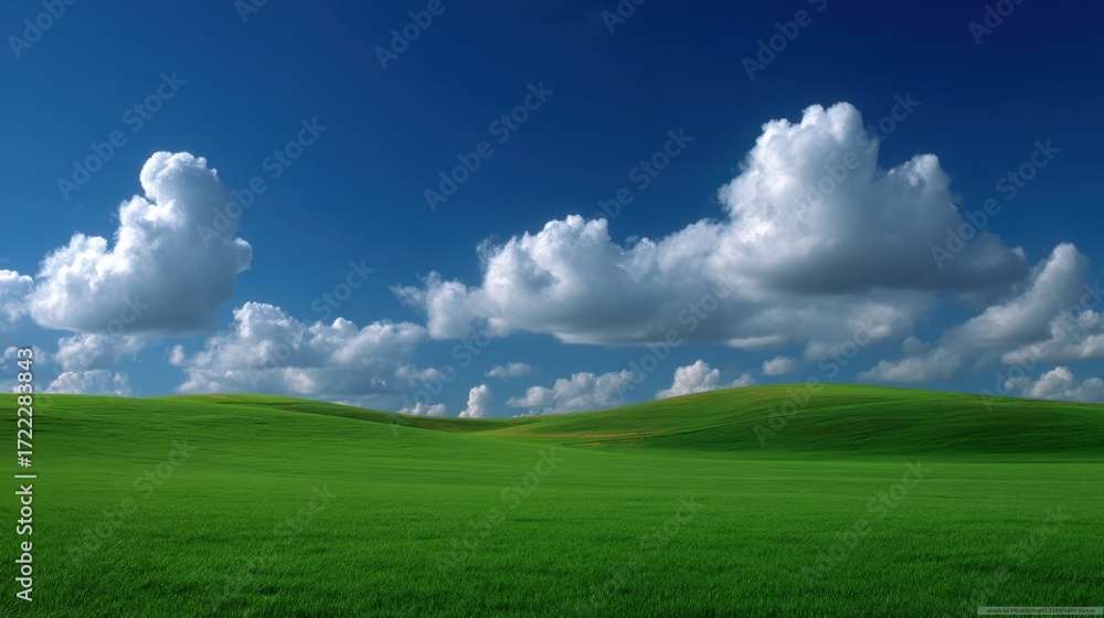 Fototapeta premium Lush Green Hills with Bright Blue Sky and Fluffy White Clouds in Daylight