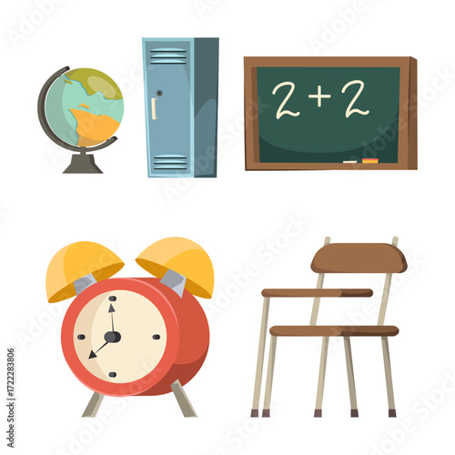 School supplies illustration Globe, locker, chalkboard, alarm clock, and chair