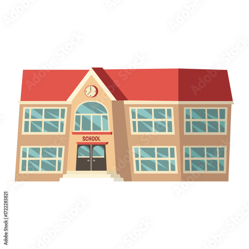 Cartoon illustration of a traditional school building with a clock tower