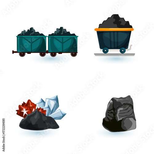 Coal Mining Illustration Railway, Cart, Minerals, and Solid Rock Resources
