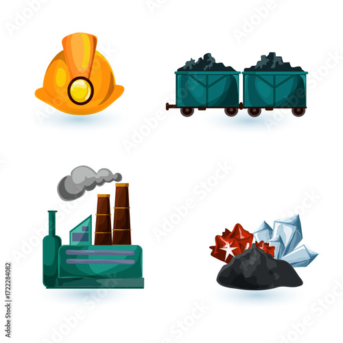 Industry icons coal mining, factory, minerals and safety helmet