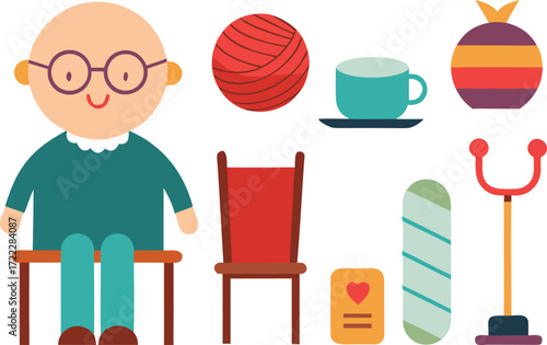 Grandparents day vector icons set featuring senior person yarn rocking chair and more isolated on transparent background