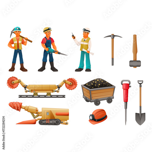Mining equipment and workers cartoon illustration, gold, picks, hard hats