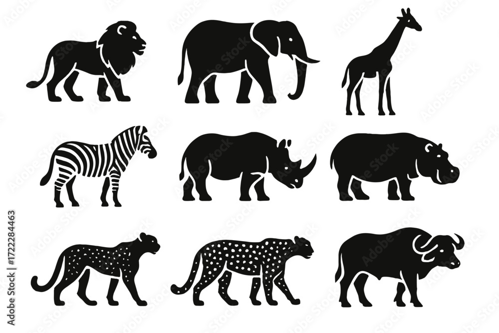 Fototapeta premium Wild animals silhouette icon set. featuring lion, elephant, giraffe, zebra, rhino, hippo, cheetah, leopard, buffalo