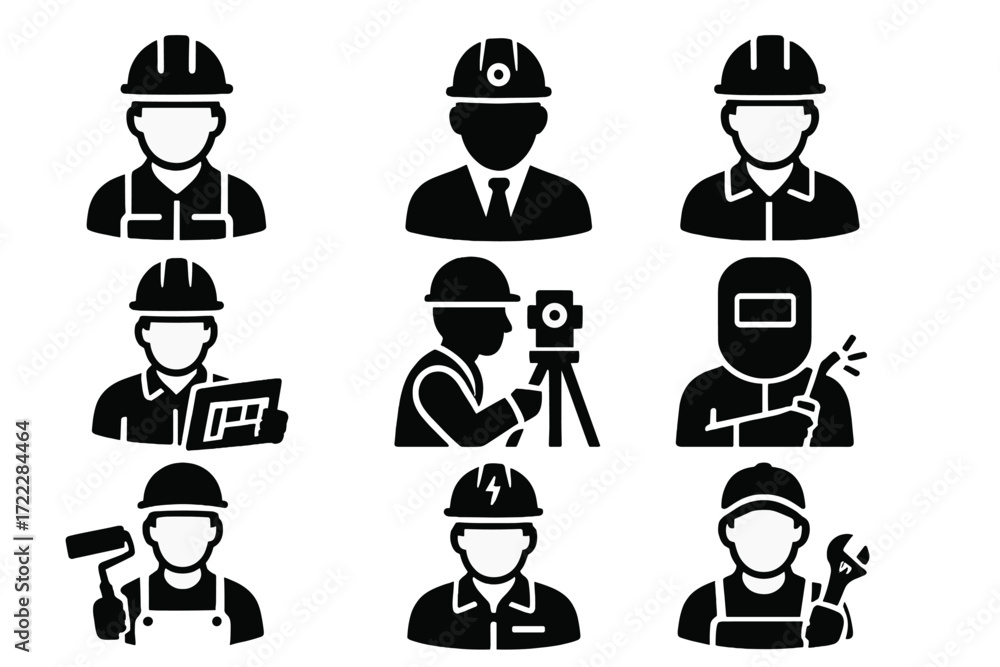 Obraz premium Construction workers silhouette icon set. featuring engineer, surveyor, painter, architect, electrician, and welder symbols