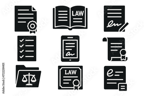 Legal document silhouette icon set. featuring contract, checklist, law book, signature, and certificate symbols