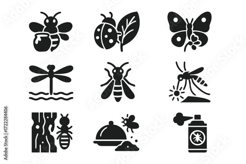 Insect and pest silhouette icon set. featuring bee, ladybug, butterfly, dragonfly, wasp, mosquito, termite, ant, spray