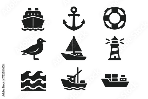 Nautical silhouette icon set. featuring ship, anchor, lifebuoy, seagull, sailboat, lighthouse, waves, fishing boat, cargo ship