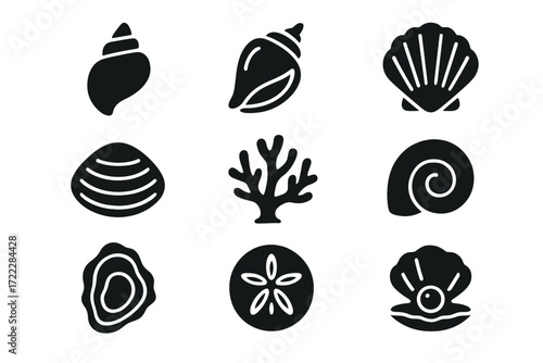 Marine life silhouette icon set. featuring conch, scallop, clam, coral, spiral shell, oyster, and sand dollar