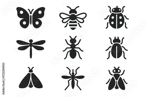 Insects silhouette icon set. featuring butterfly, bee, ladybug, dragonfly, ant, beetle, moth, mosquito, fly
