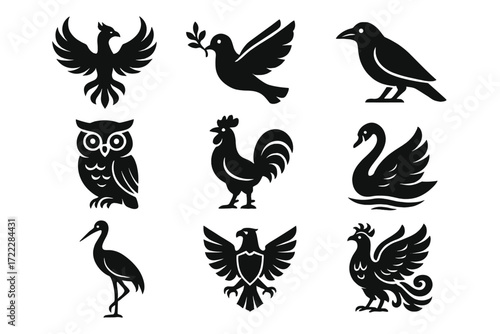 Bird themes silhouette icon set. featuring phoenix, dove, crow, owl, rooster, swan, crane, eagle, peacock