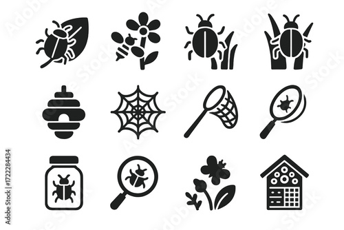 Insects and nature silhouette icon set. featuring beetle, flower, beehive, spider web, net, and jar symbols