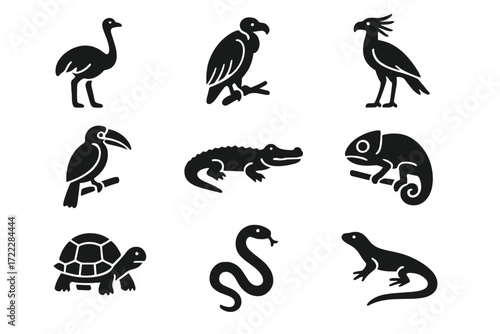Wildlife silhouette icon set. featuring emu, vulture, parrot, toucan, crocodile, chameleon, turtle, snake, lizard symbols