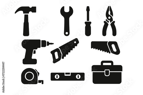 Construction tools silhouette icon set. featuring hammer, wrench, screwdriver, pliers, drill, saw, tape measure